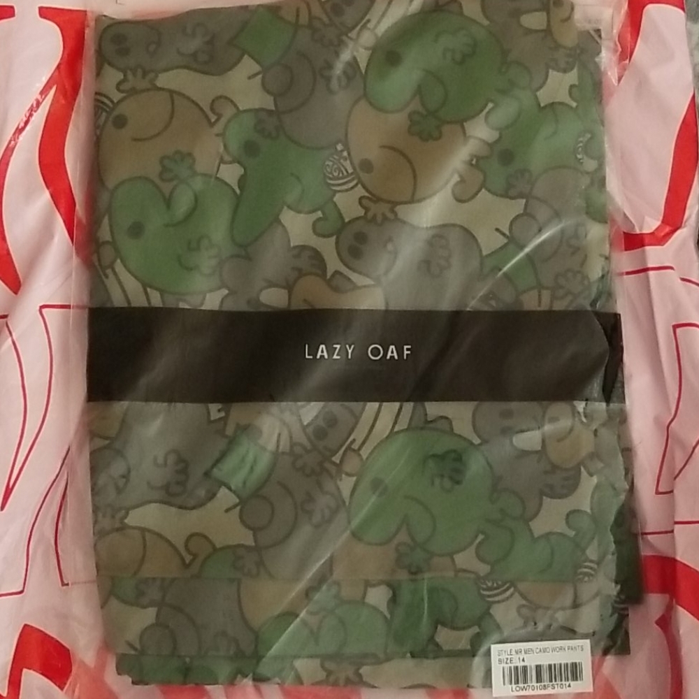 Lazy Oaf Mr. Men camo work pants size 14